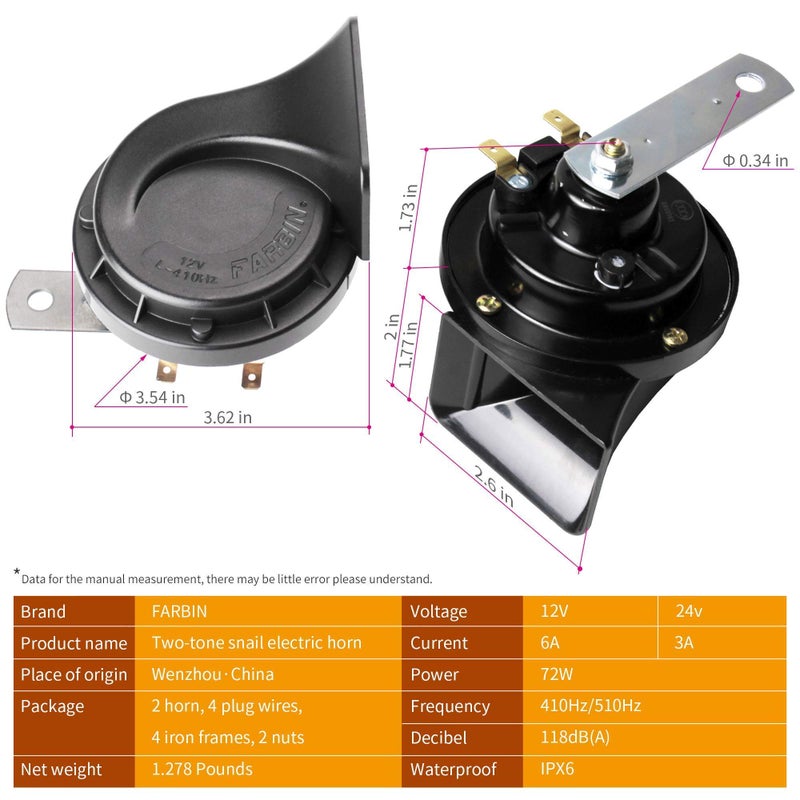 FARBIN Waterproof Air Horn 12V Car Horn Loud Dual-Tone Electric Snail Horn Kit with Relay Harness for Truck Train Motorcycle (Black horn with harness) - Image 2